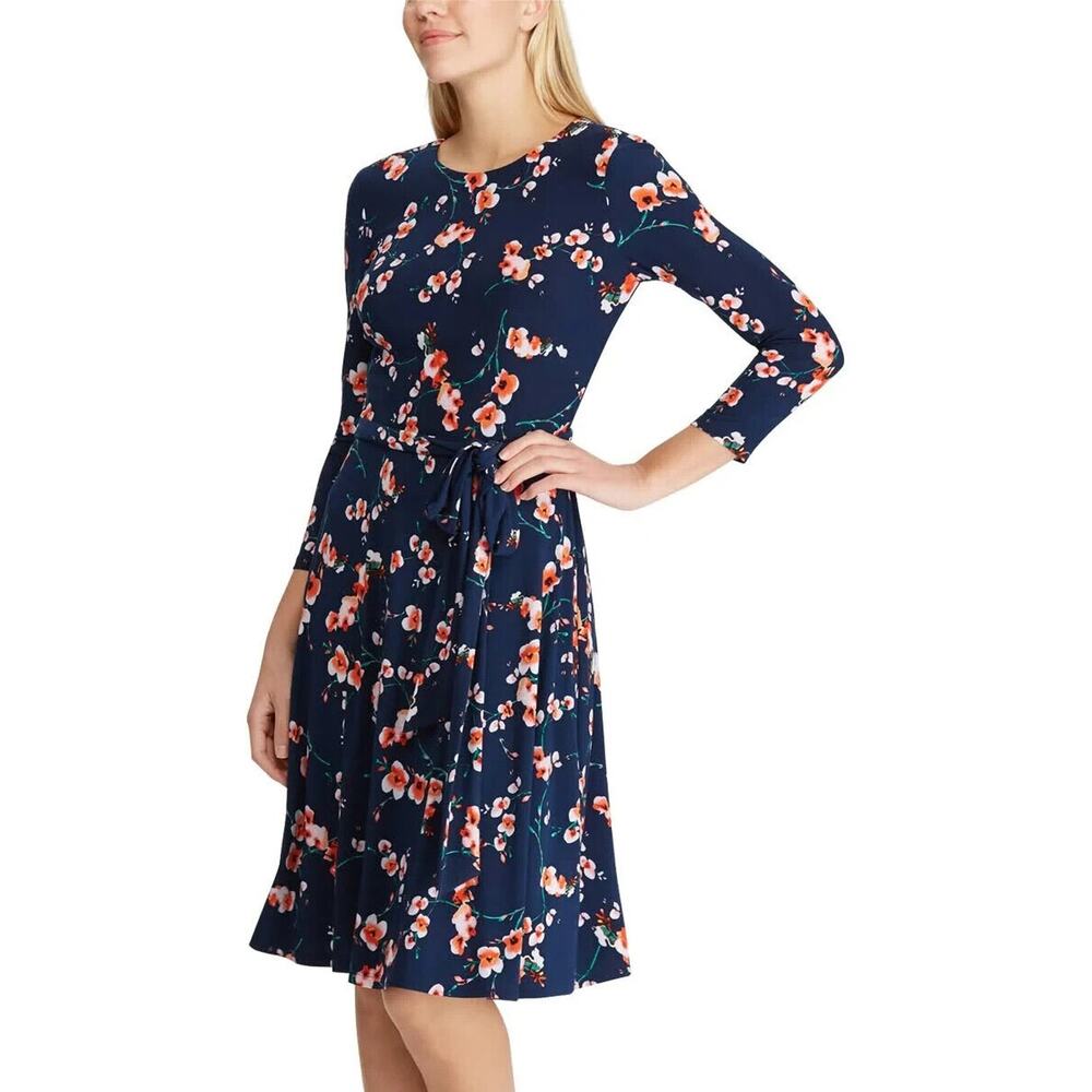 Lauren Ralph Lauren Women's Navy Floral Jersey‎ Belted Fit & Flare Dress Size 12